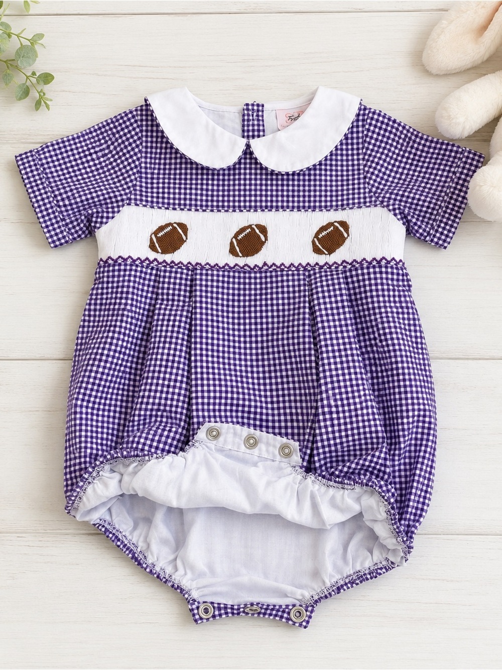 NWT Shop Teeta Purple Gingham Football Noah Bubble Smocked Romper 24M Lined - Picture 4 of 5